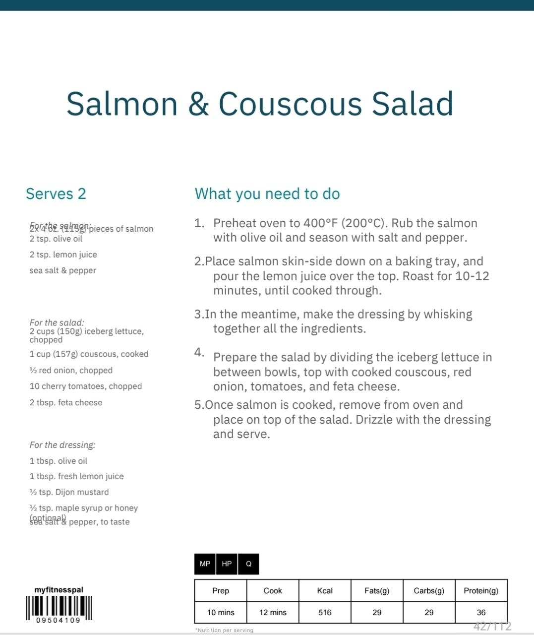 Sample recipe page with nutrition table
